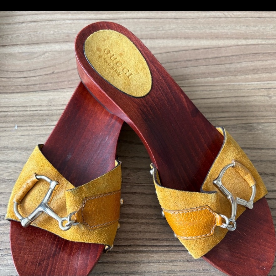 Gucci Yellow Suede Horsebit Wooden Slide Sandals